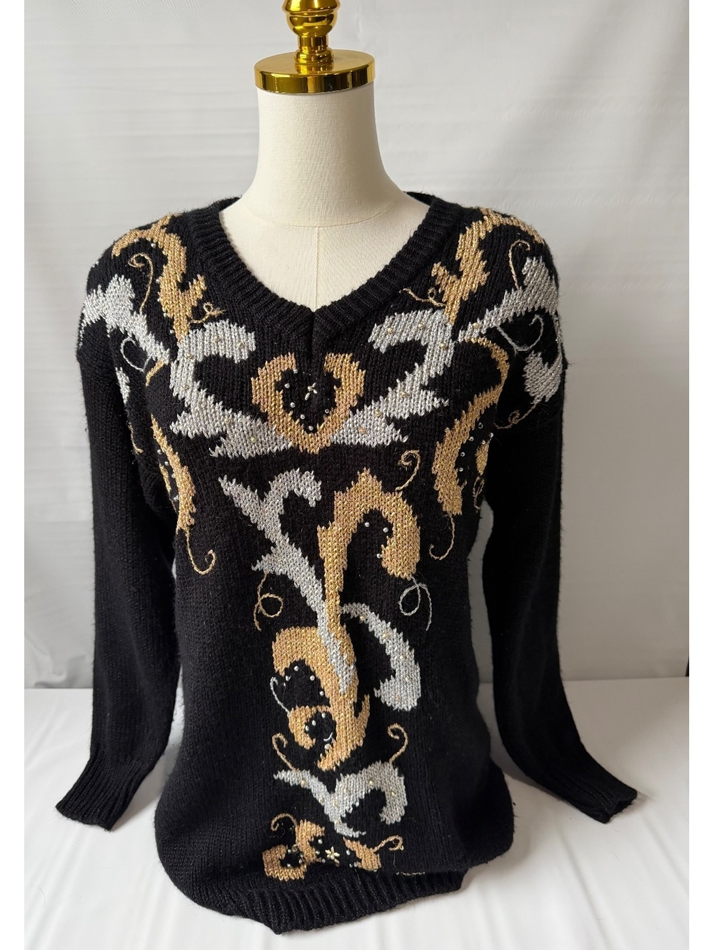 Jaclyn Smith Womens S Black Gold Silver Embellished V Neck Knit Sweater